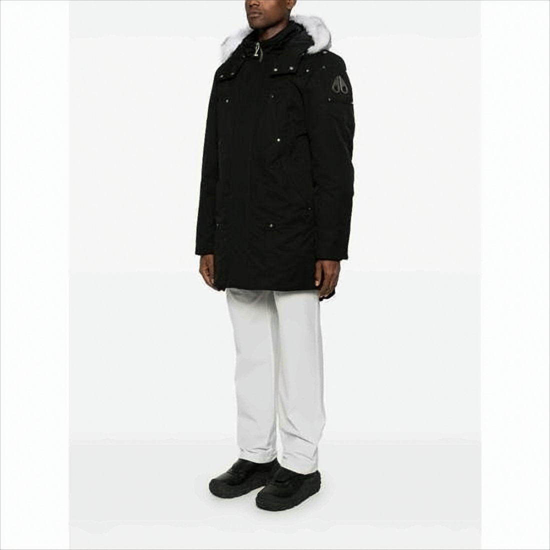 Hooded Long Black Padded Coat With Fur Trim And Multiple Pockets