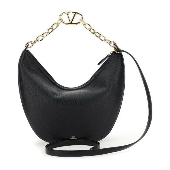 Crescent-Shaped Black Calf Leather Shoulder Bag