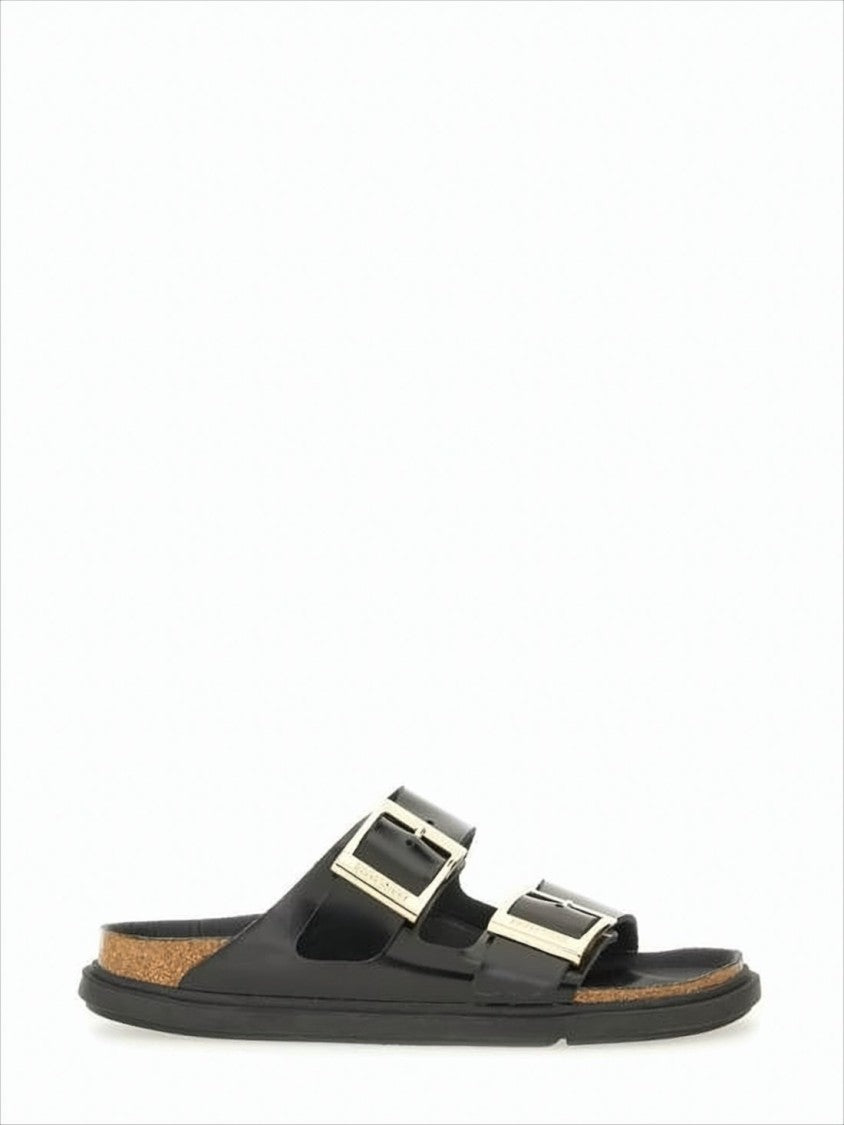 Open-Toe Black Leather Sandals with Metallic Buckles