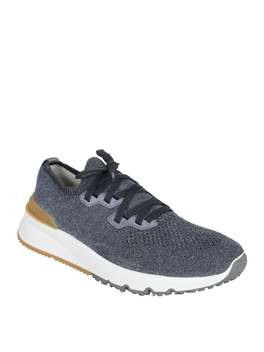 Deep Blue Stretch-Knit Low-Top Sneakers With Logo Accents