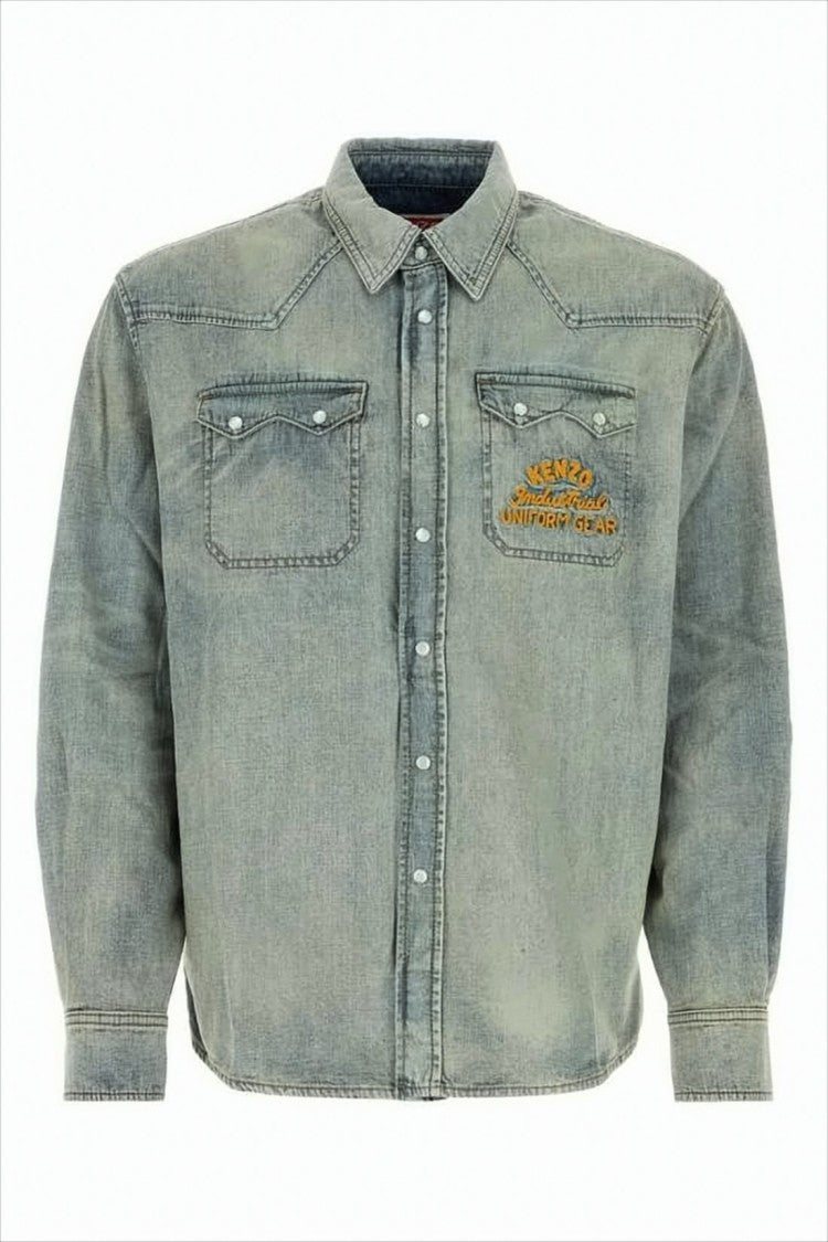 Denim Shirt With Classic Collar And Distinctive Embroidery