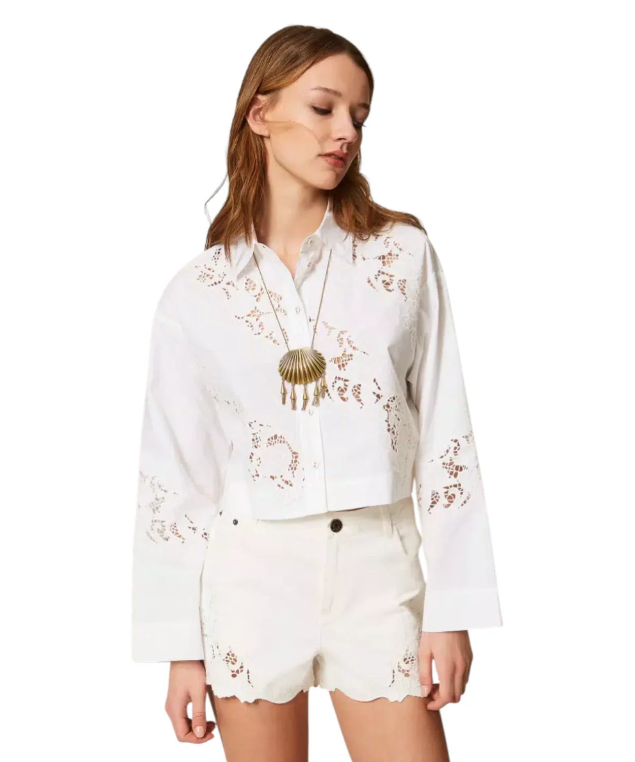 Cropped Long-Sleeve Shirt with Floral Embroidery