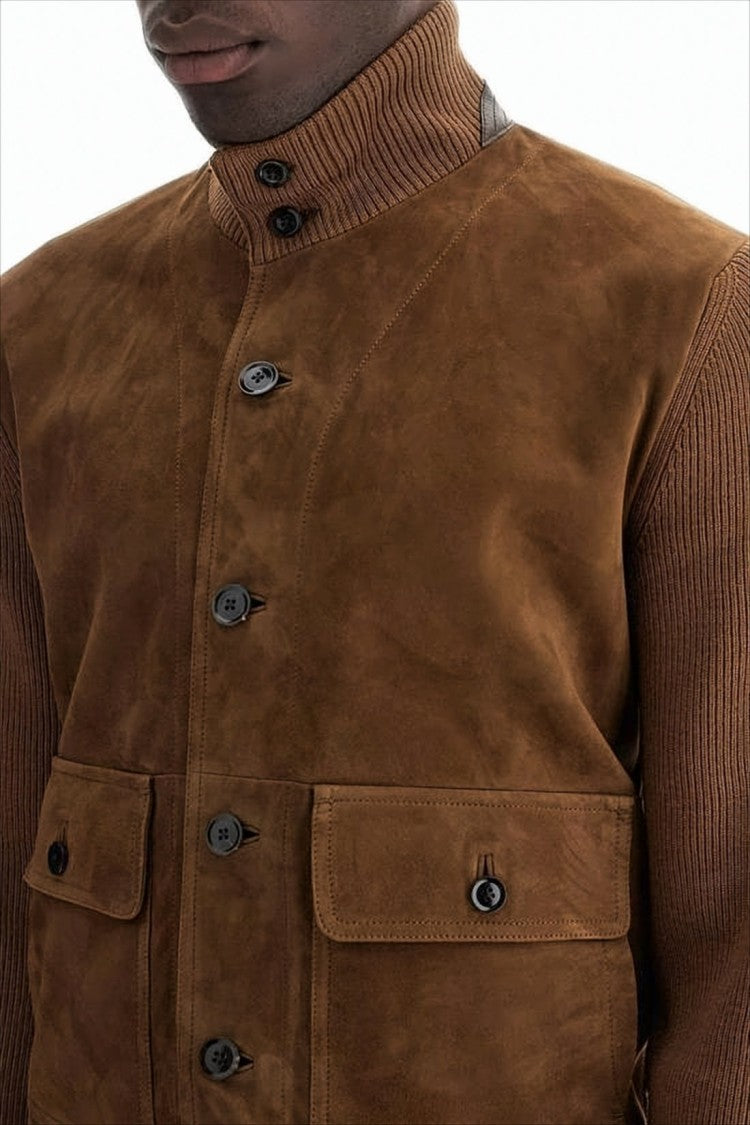 Brown Lamb Leather And Wool Jacket With Ribbed Sleeves