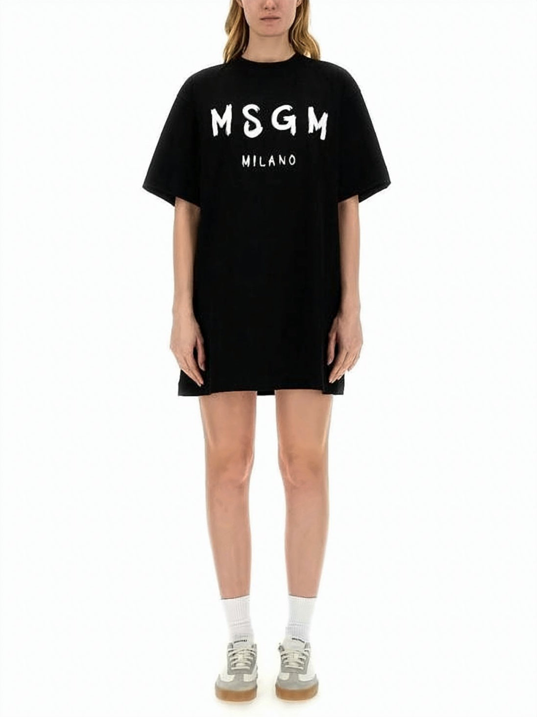 Oversized Black Mini Dress with Brushstroke Lettering