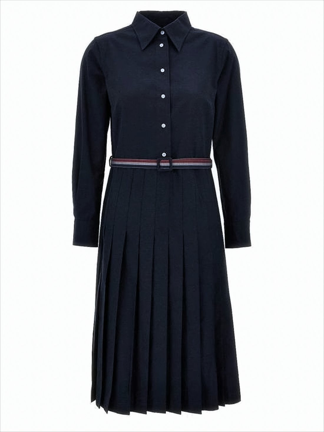 Pleated Midi Dress with Classic Collar and Waist Belt