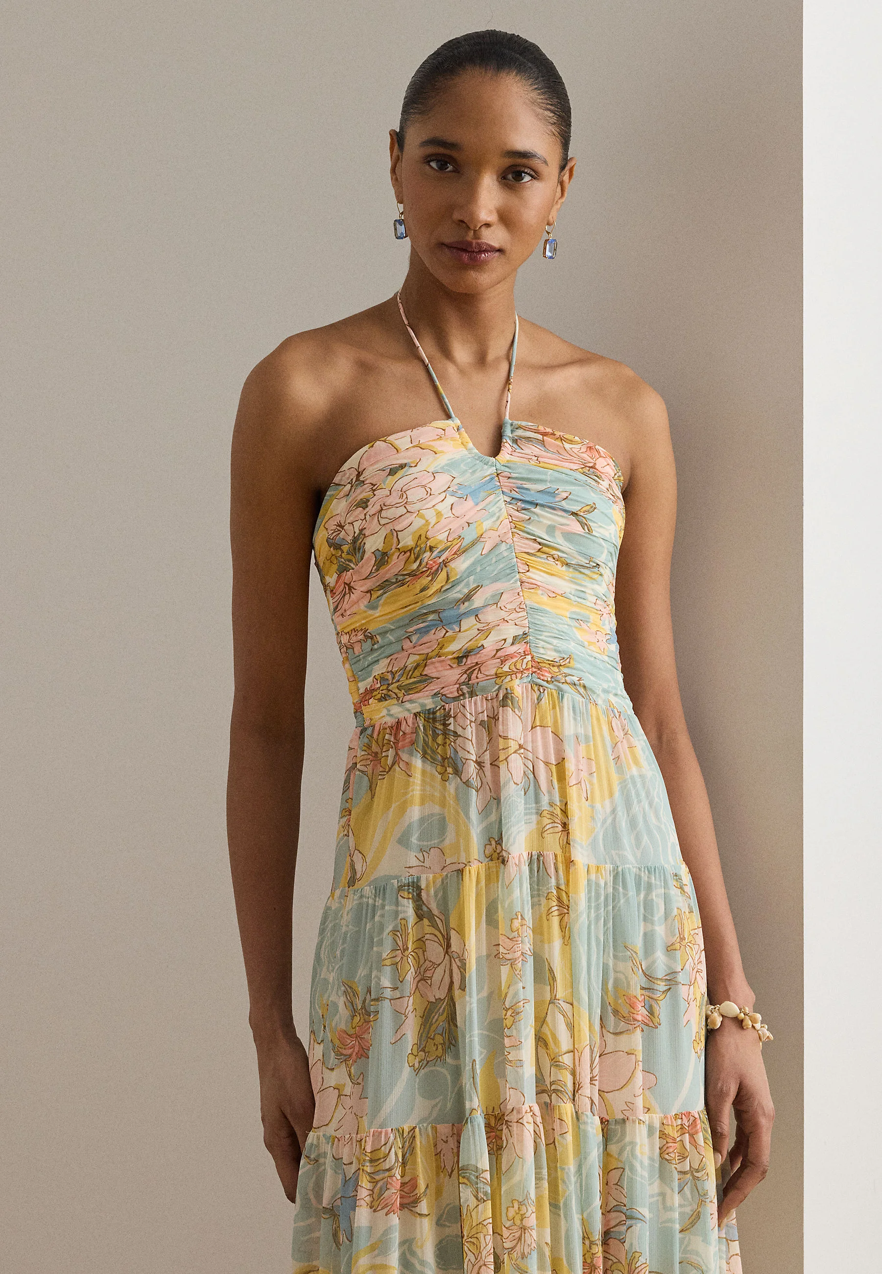 Tiered Floral Maxi Dress with Halter Neckline