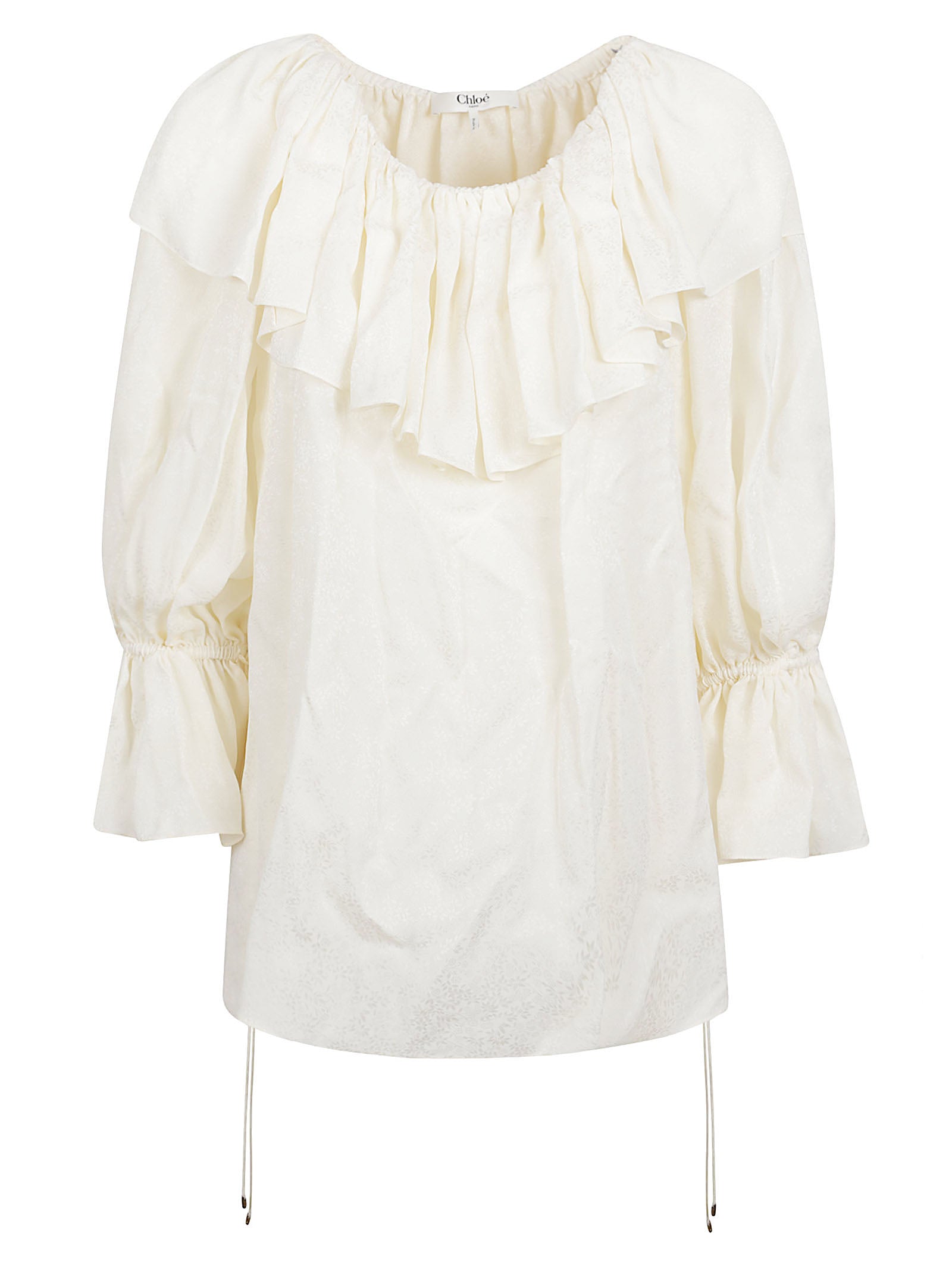 Ornamental Jacquard Silk Blouse with Ruffled Neckline
