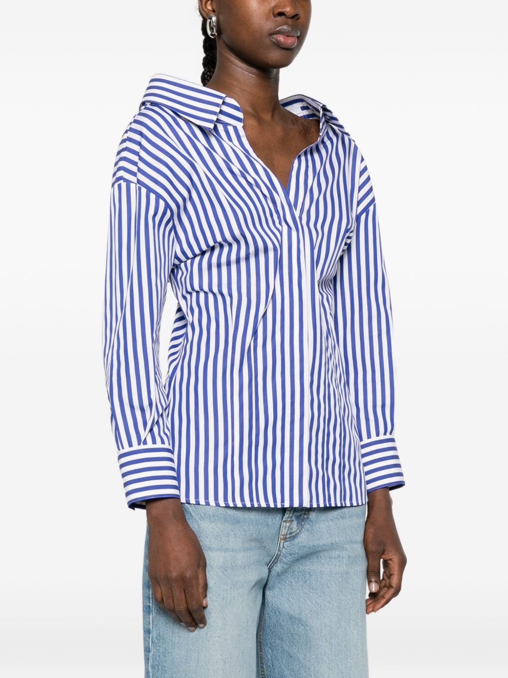 Vertical Blue and White Stripe Off-Shoulder Shirt