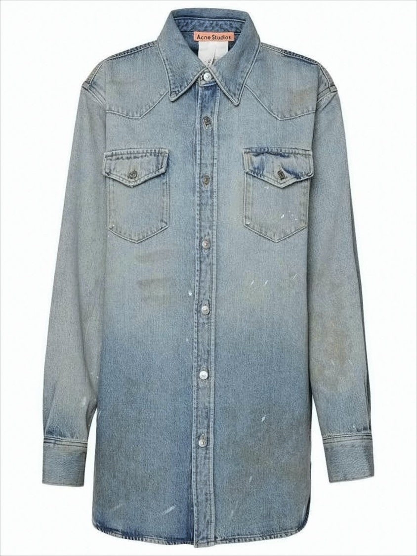 Light Blue Button-Down Denim Shirt With Distressed Finish