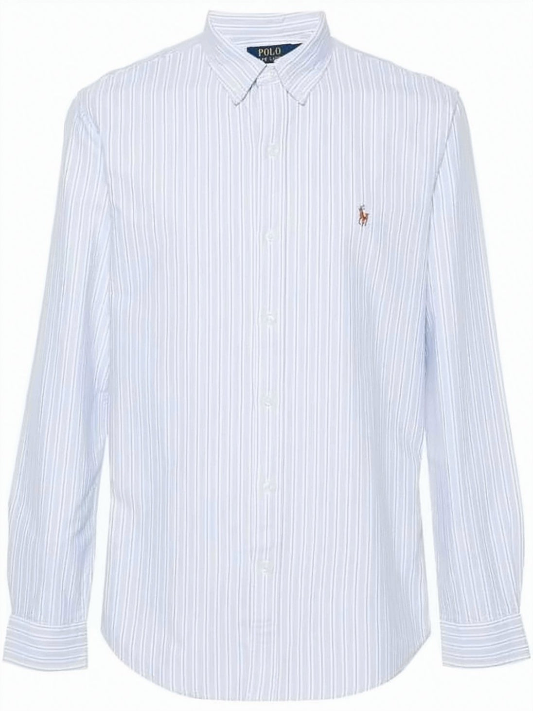 Long-Sleeve Button-Up Shirt with Vertical Stripes and Embroidered Logo