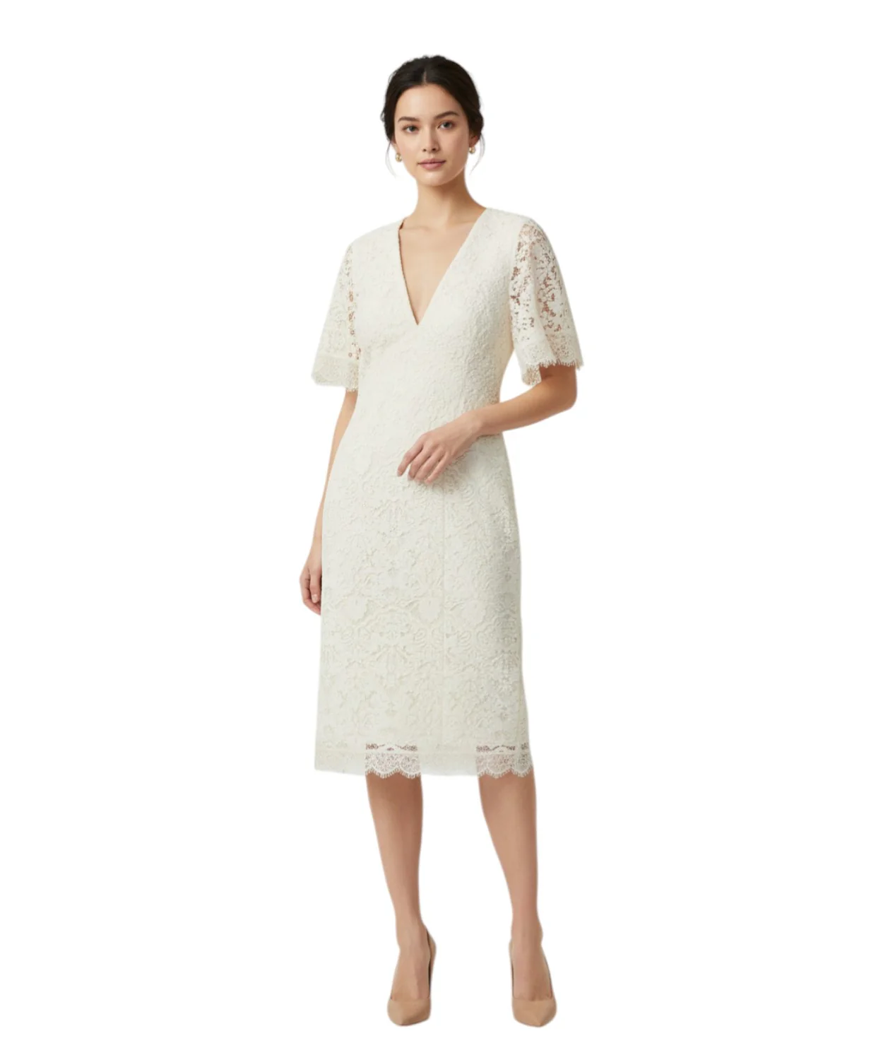 White Lace Overlay Midi Dress with Flutter Sleeves