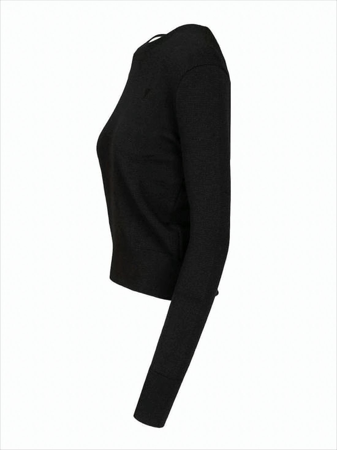 Fitted Black Wool Crewneck Sweater With Embroidered Detailing