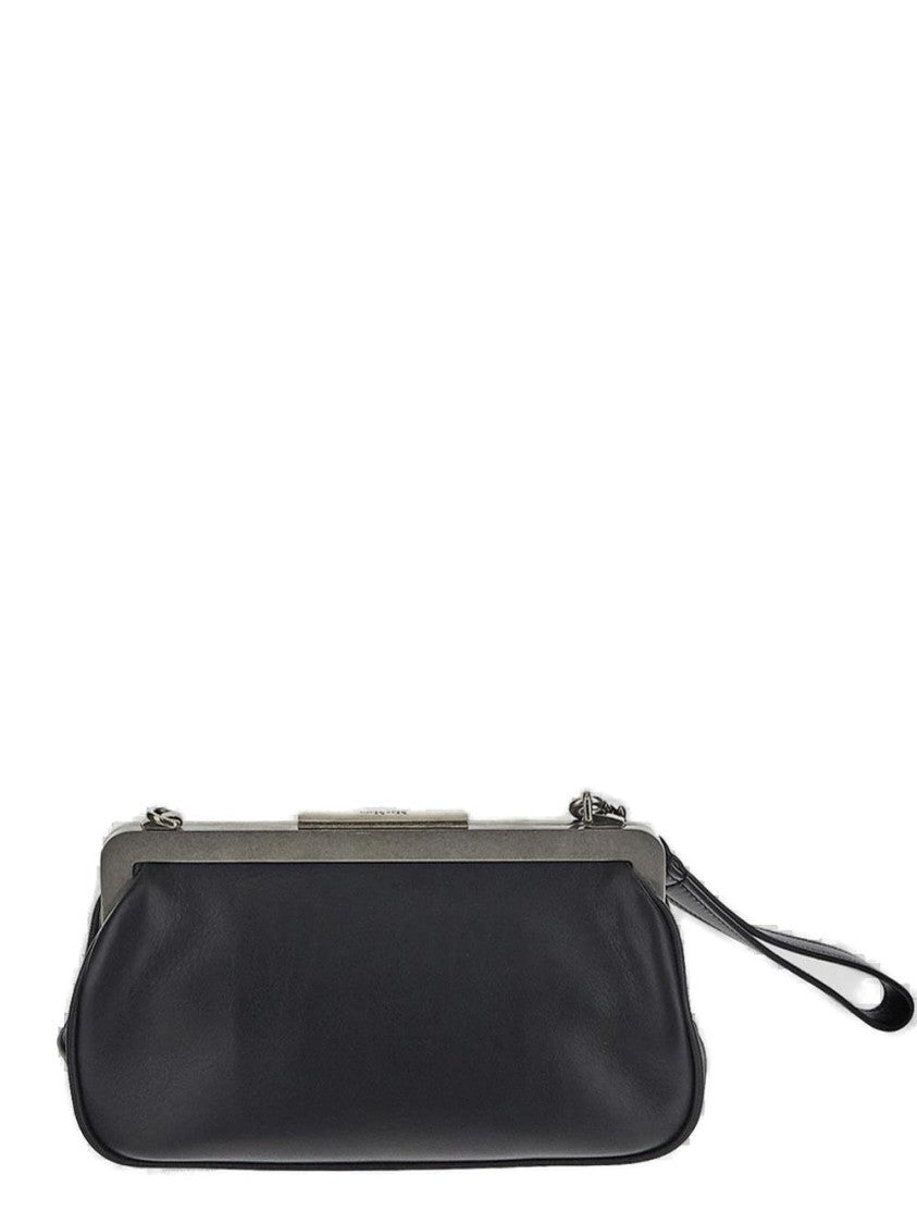 Rounded Black Leather Clutch With Metallic Clasp