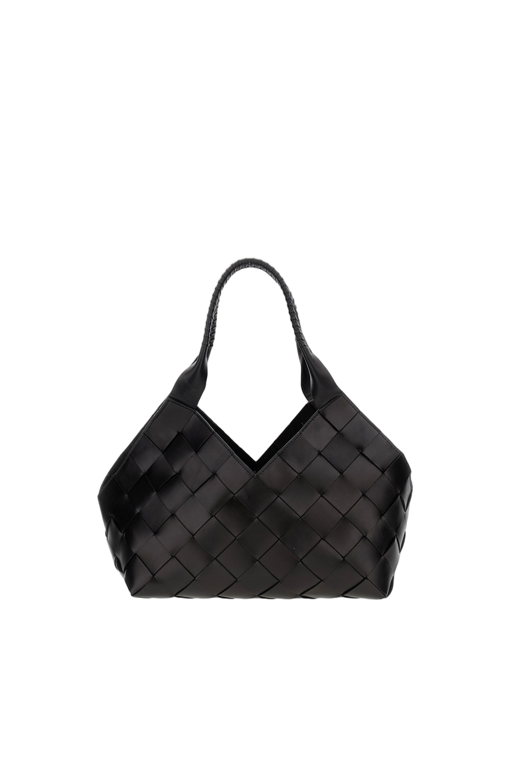 Black Woven Leather Castello Bag With Dual Handles