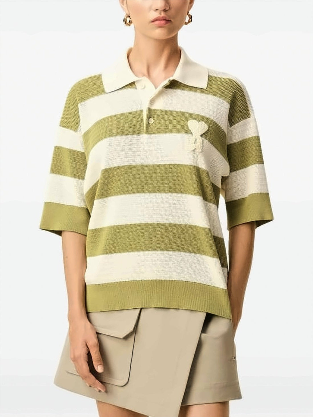 Olive Green Cream Horizontal Striped Polo