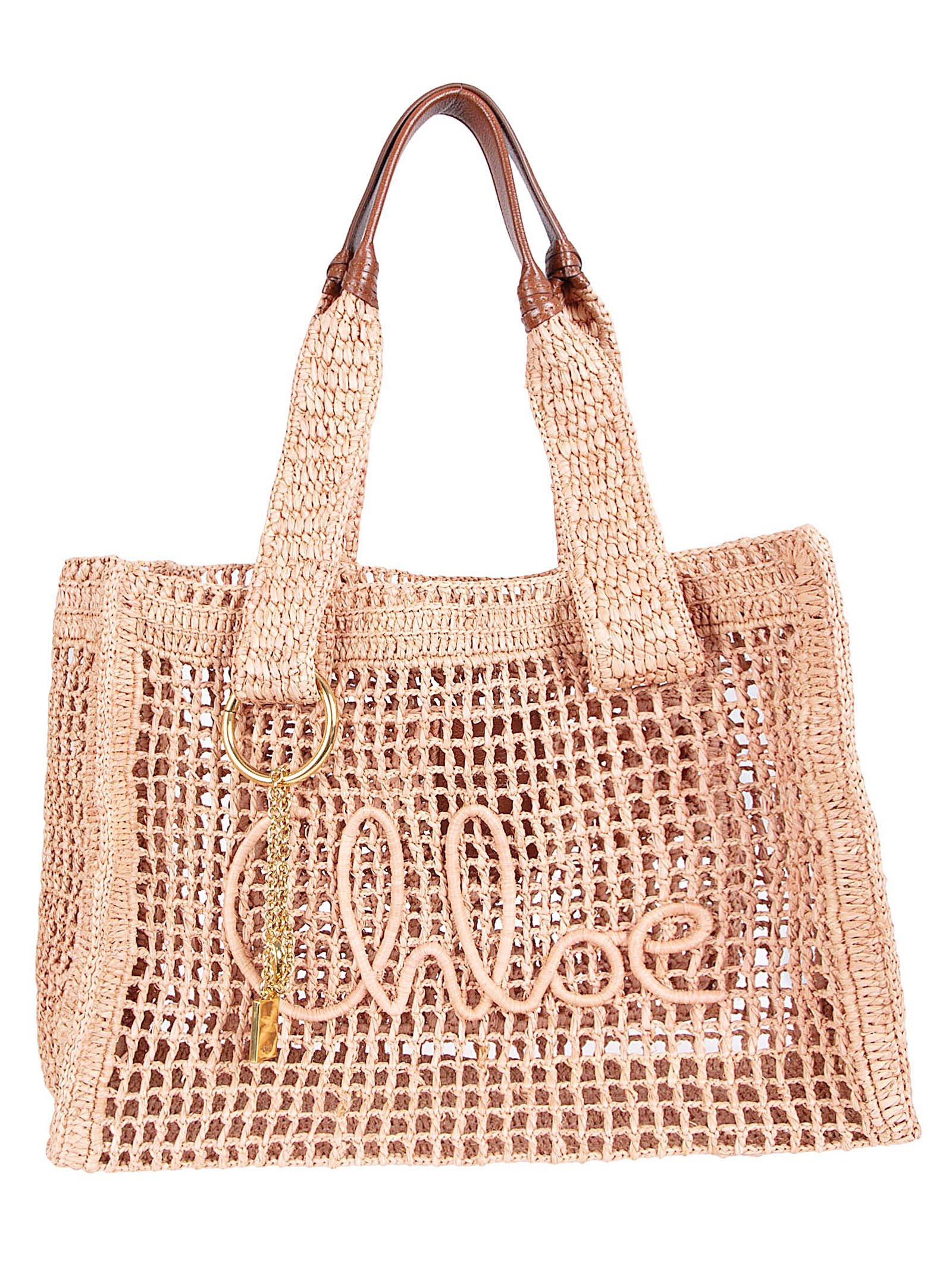 Grid-Pattern Raffia Tote Bag with Leather Accents