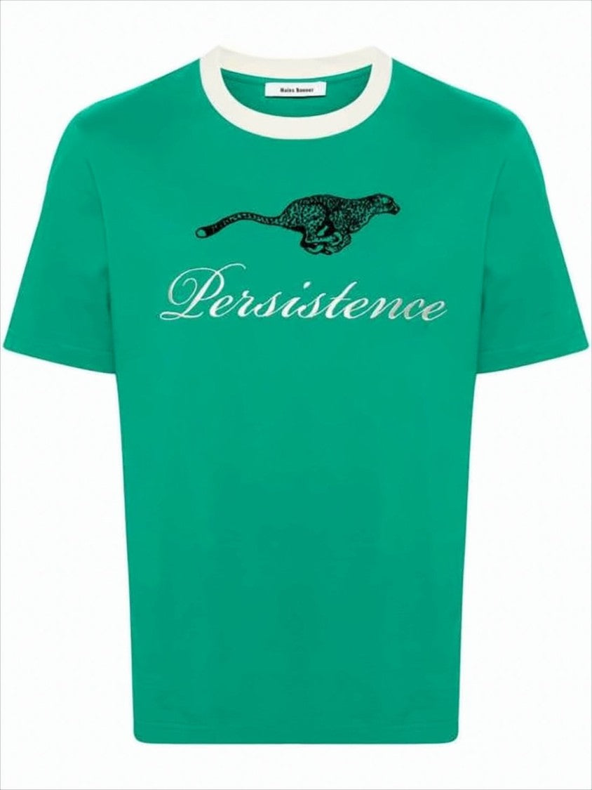 Green Graphic Tee with Leopard and Script Design