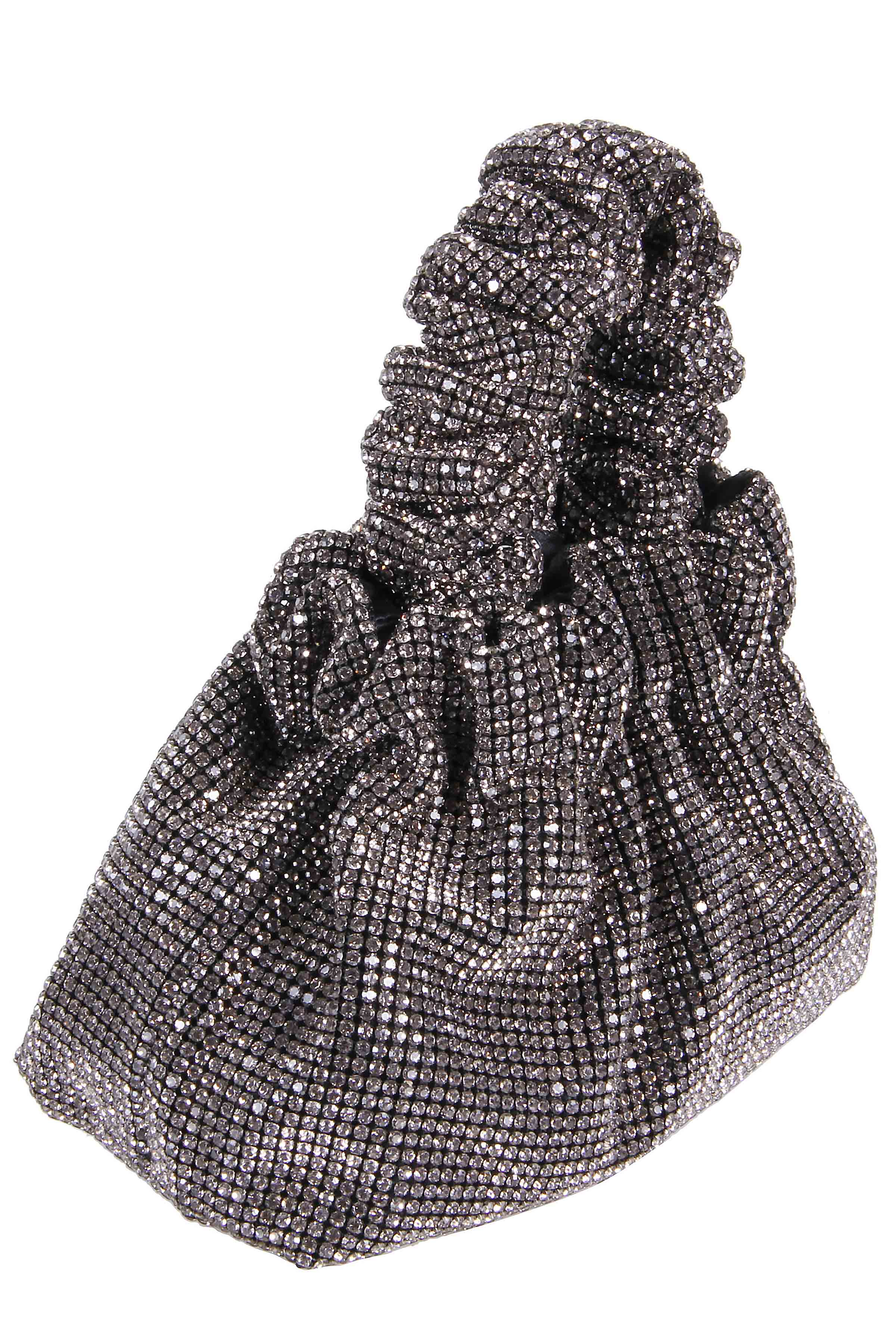 Ruched Silver Crystal Mesh Handbag