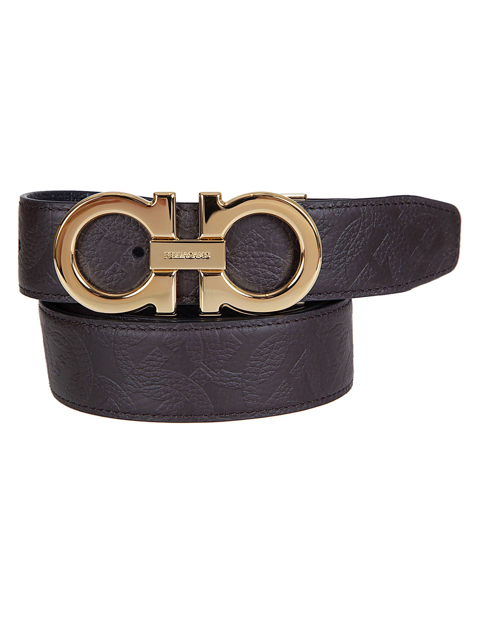 Textured Leather Reversible Belt with Gold-tone Double Gancini Buckle