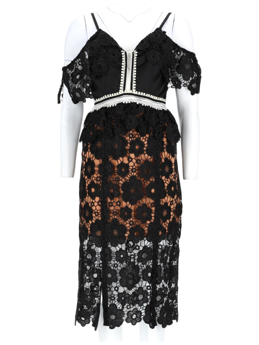 Black Floral Lace Midi Dress with Off-the-Shoulder Sleeves