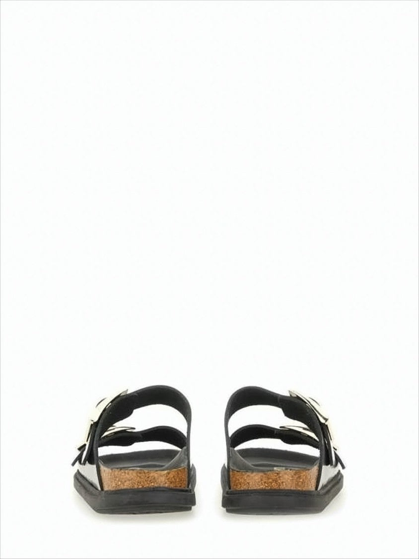 Open-Toe Black Leather Sandals with Metallic Buckles
