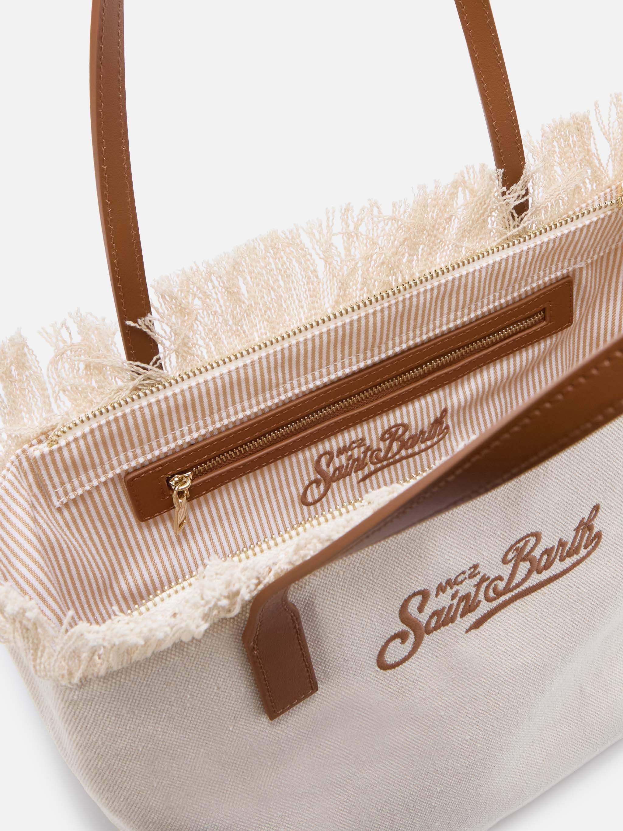 Fringed Beige Canvas Tote Bag with Leather Accents