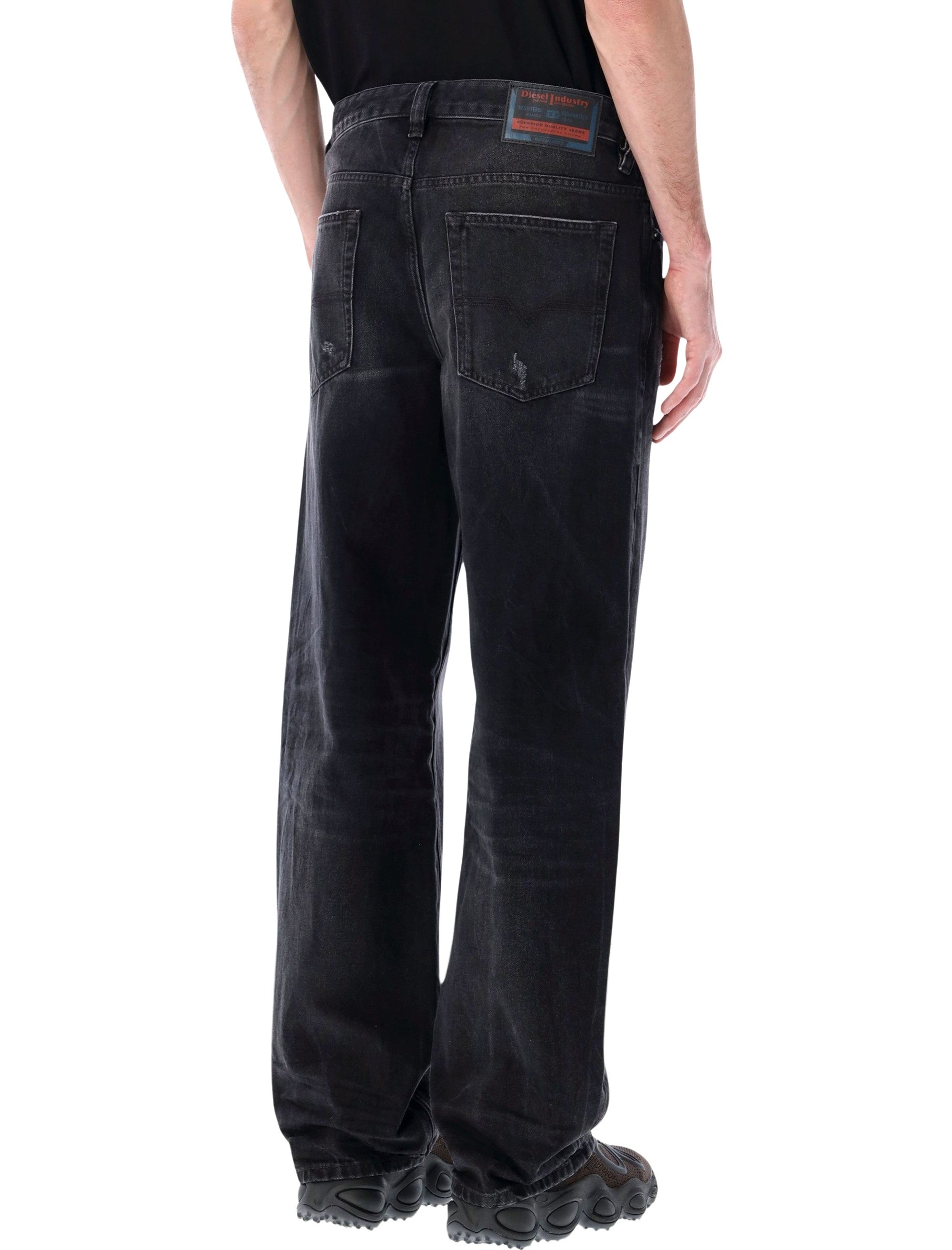 Relaxed Black Denim Jeans with Worn-In Wash and Ripped Detailing