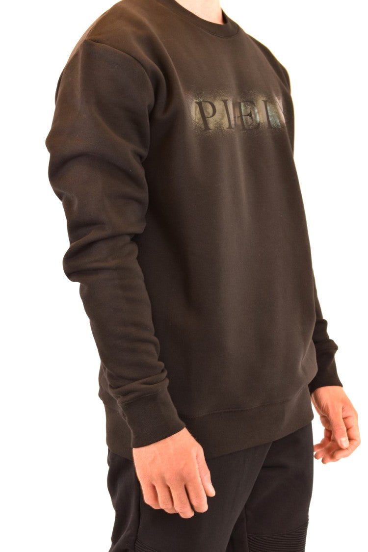 Glossy Embossed Black Sweatshirt With Crew Neck