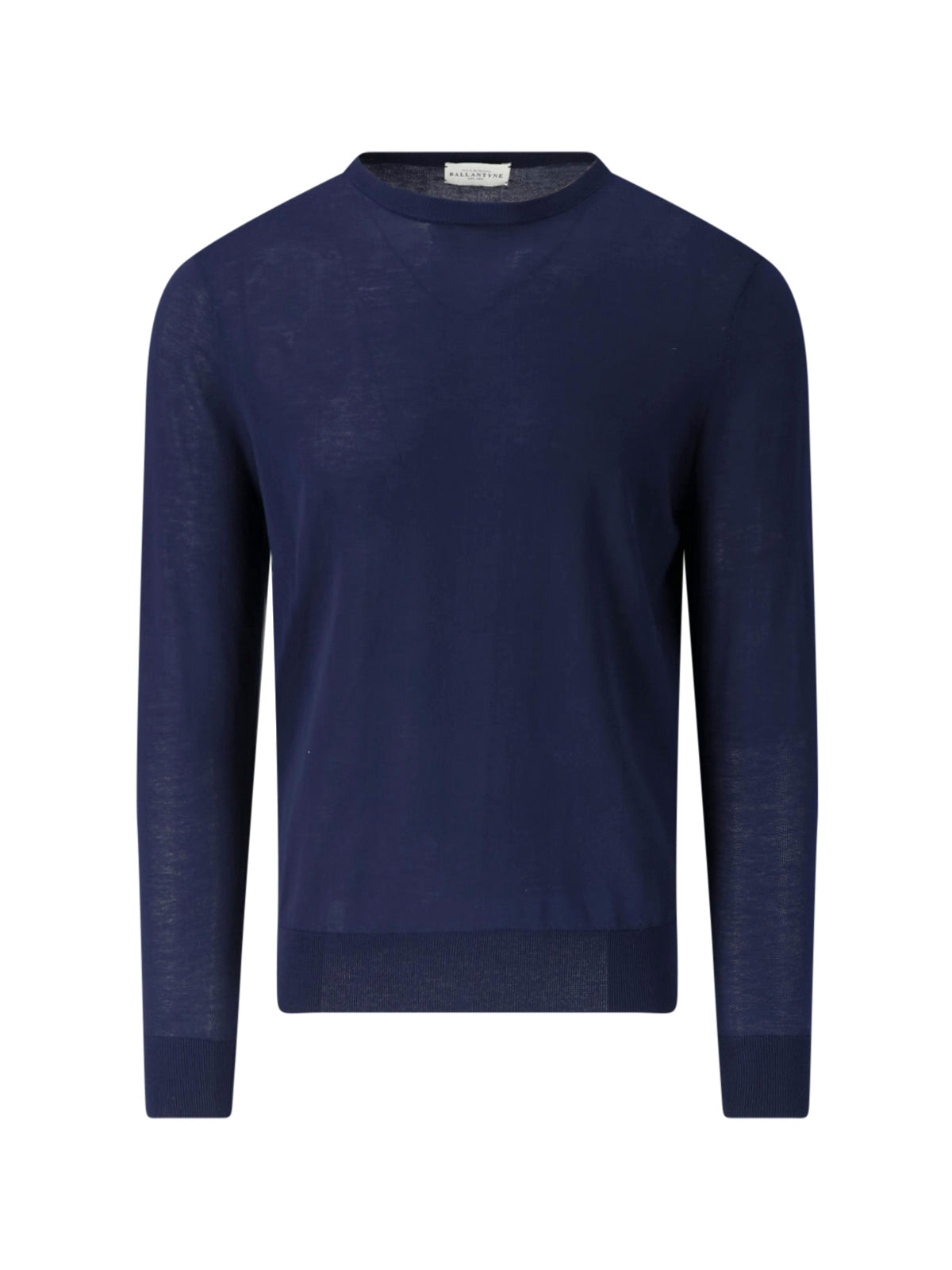 Blue Fine-Knit Ribbed Trim Crewneck Sweater