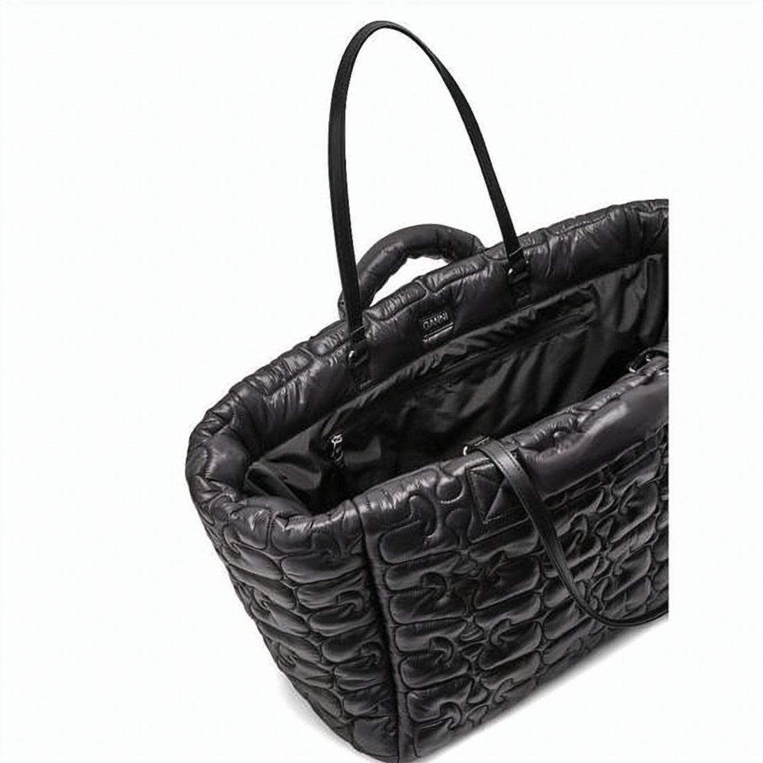Quilted Black XXL Tote Bag with Padded Handles and Olive Green Pouch