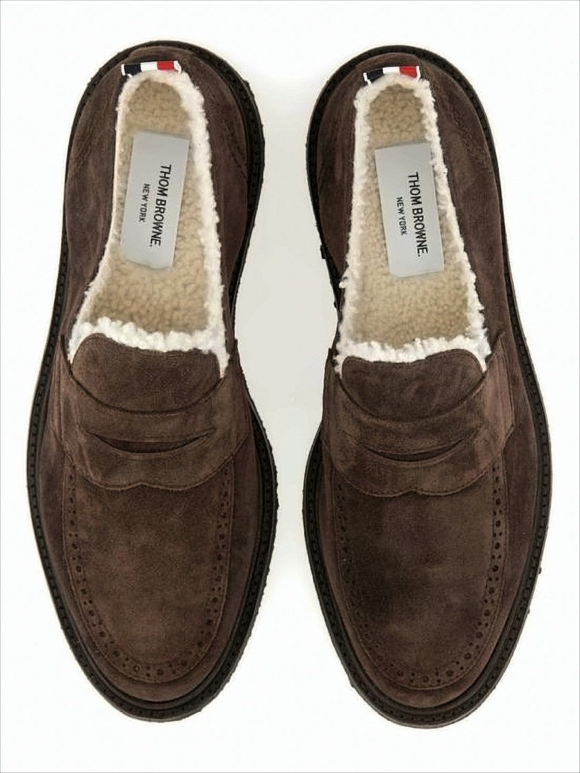 Dark Brown Suede Loafers with Shearling Lining and Tricolor Detail