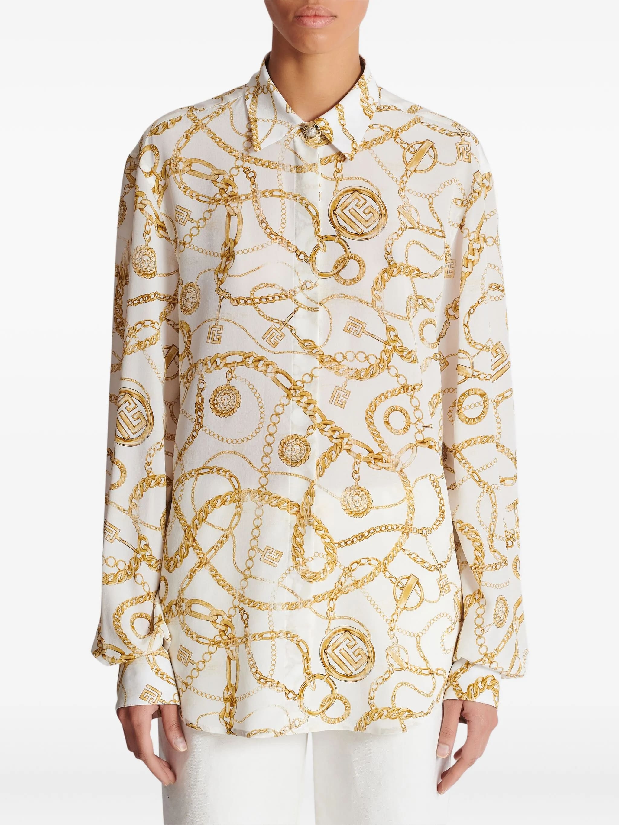White Ls Shirt Chain Print Silk Shirt