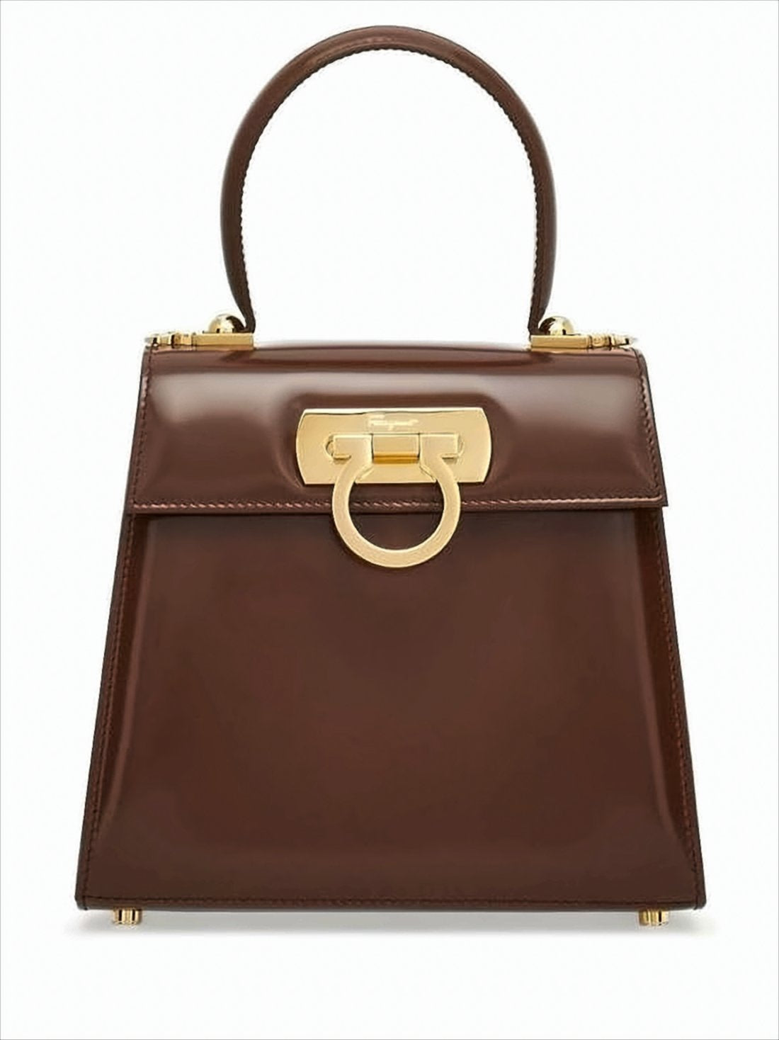 Trapezoidal Brown Leather Tote with Gold-tone Clasp