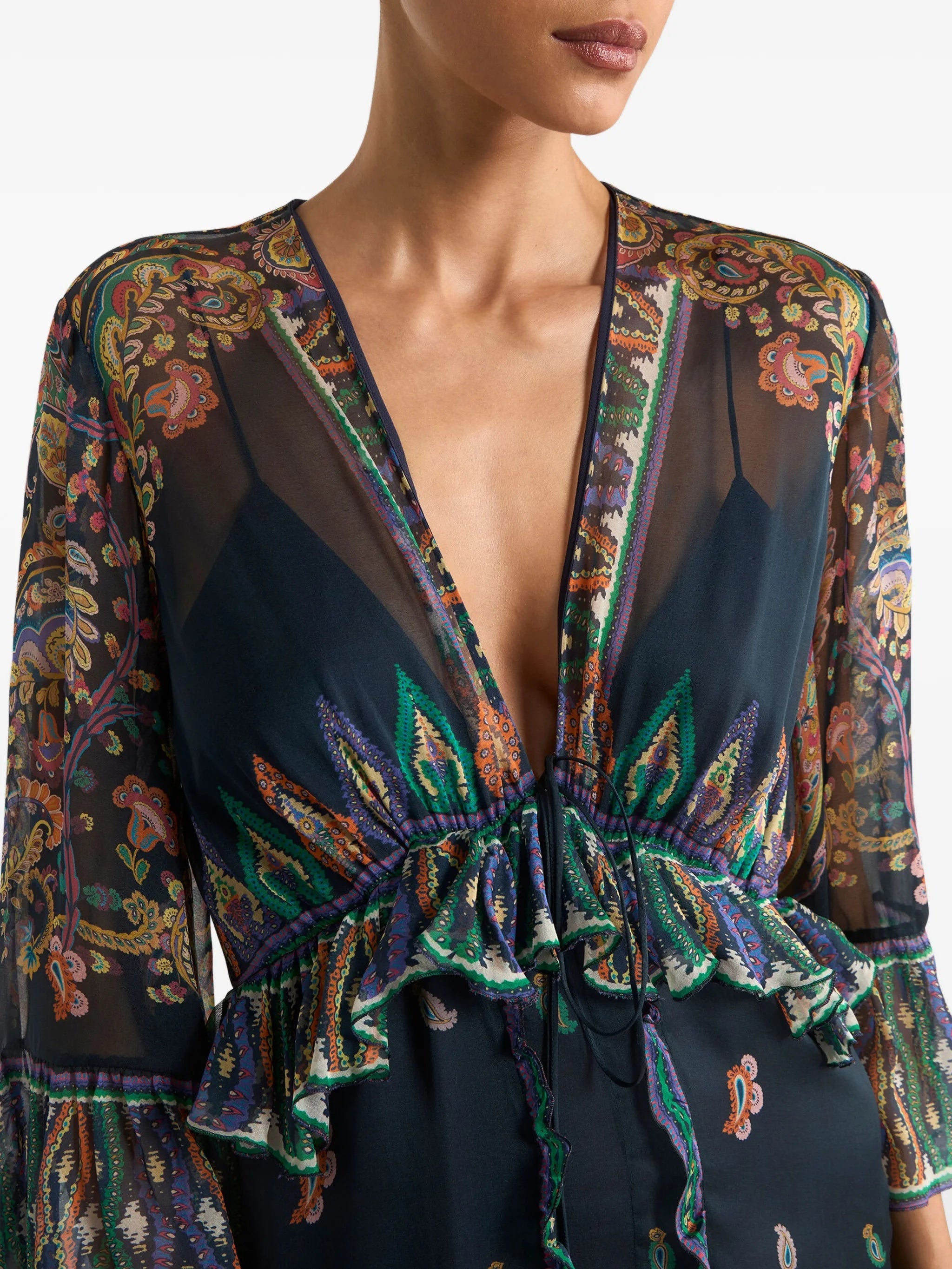 Black Maxi Flared Paisley Ruffled Dress