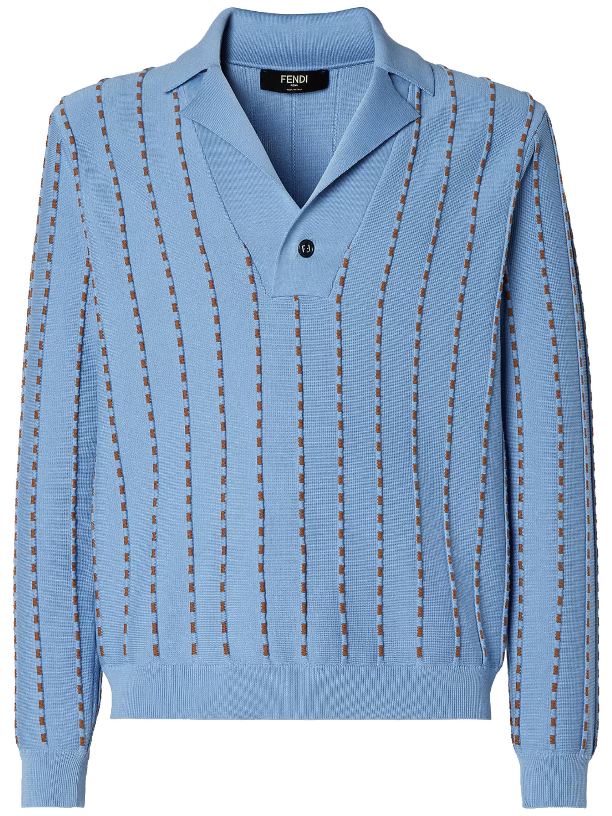 Light Blue Knit Polo Sweater with Vertical Stripes