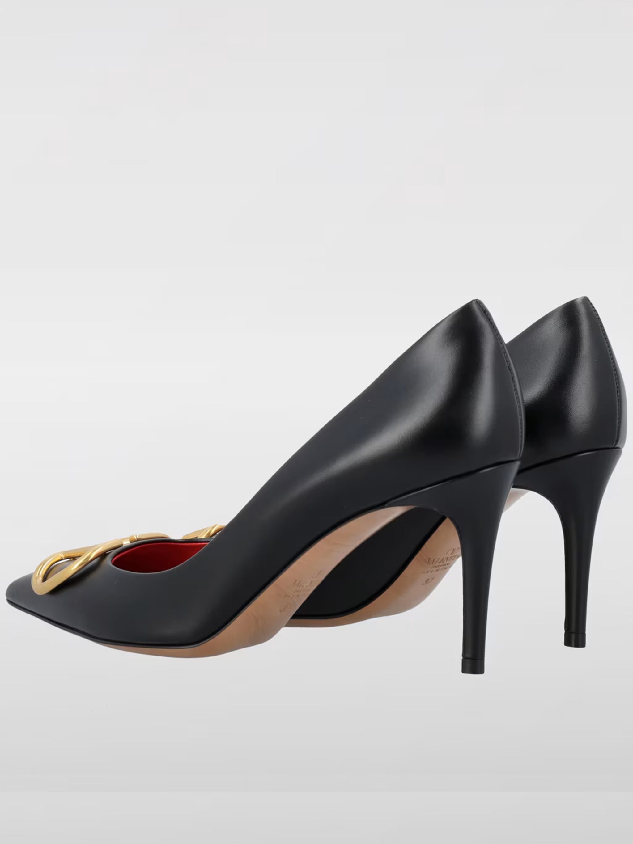 Black Pointed-Toe Gold Buckle Leather Pumps