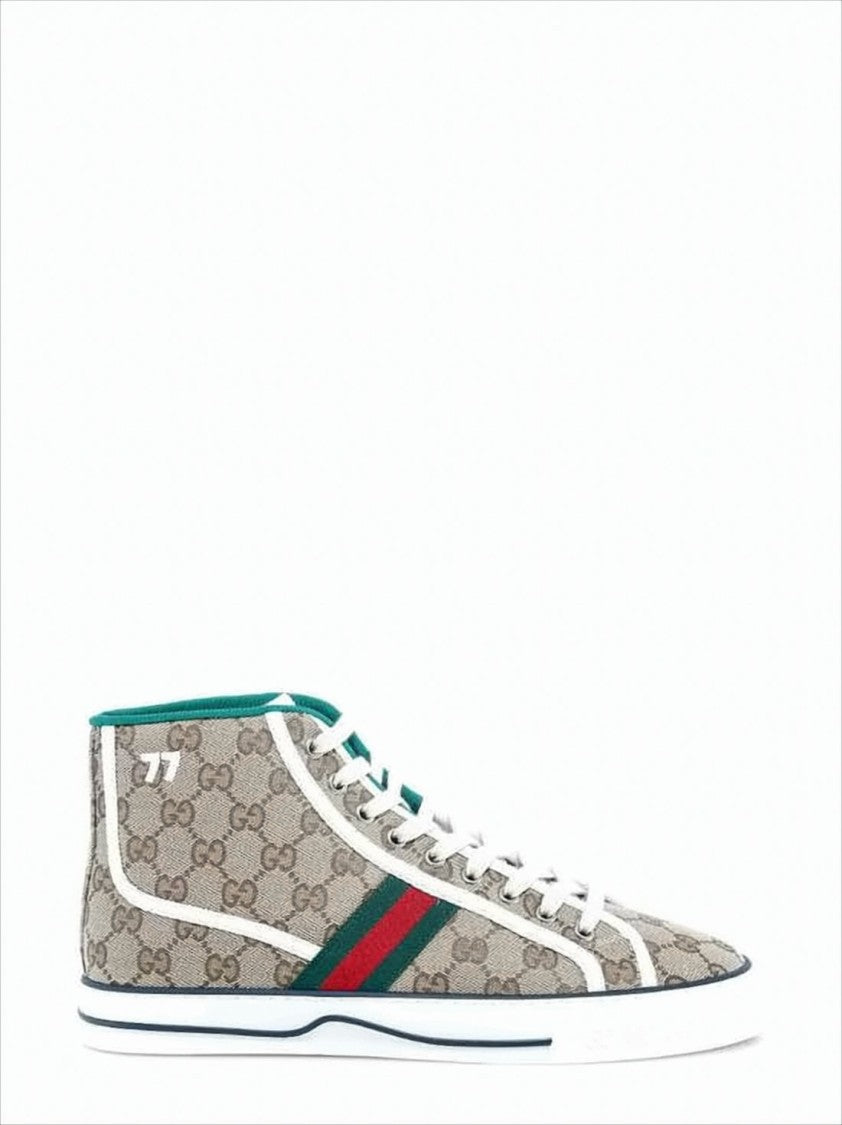 Beige Canvas High-Top Sneakers with Monogram