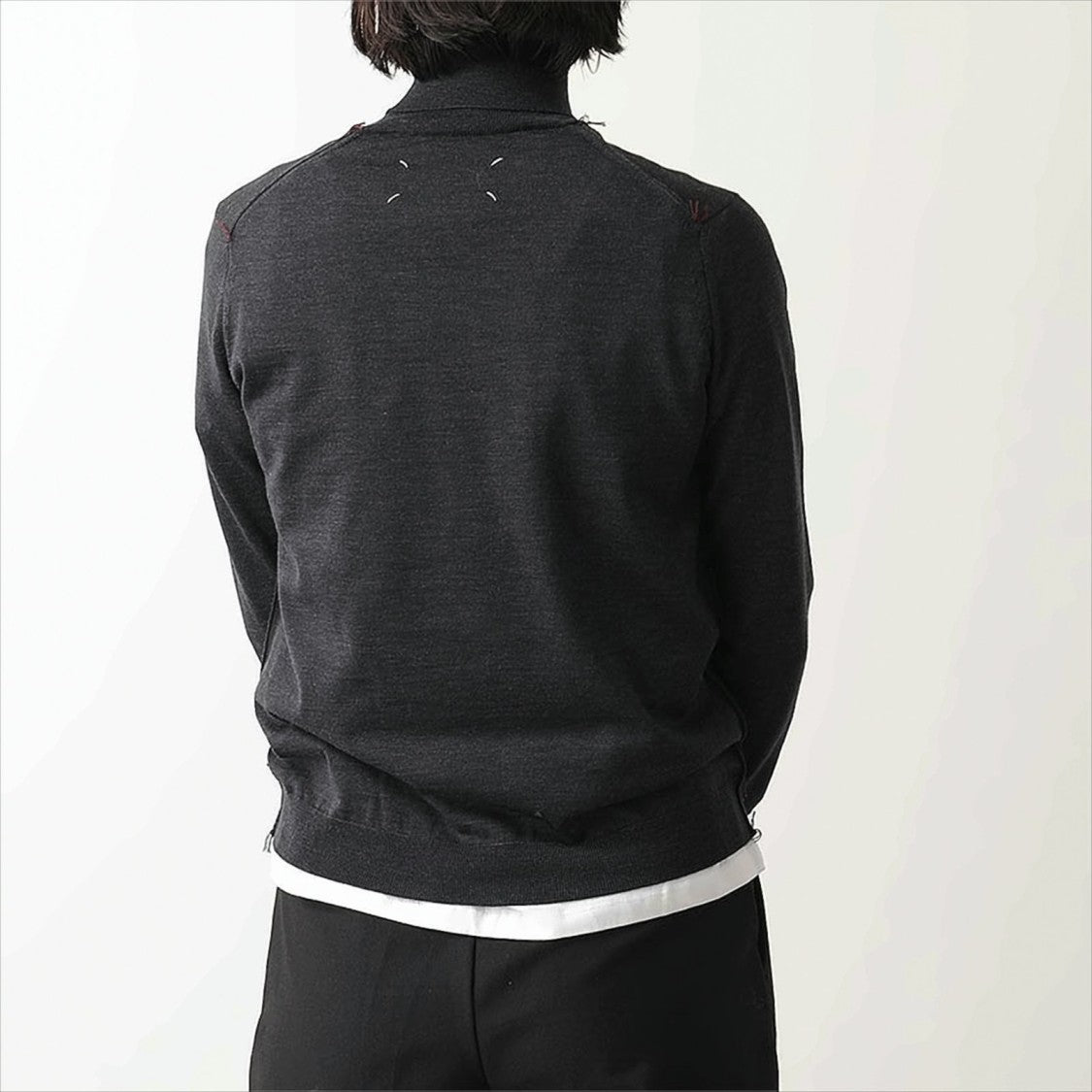 High-Neck Wool Knit Sweater With Four-Line Stitch Detail