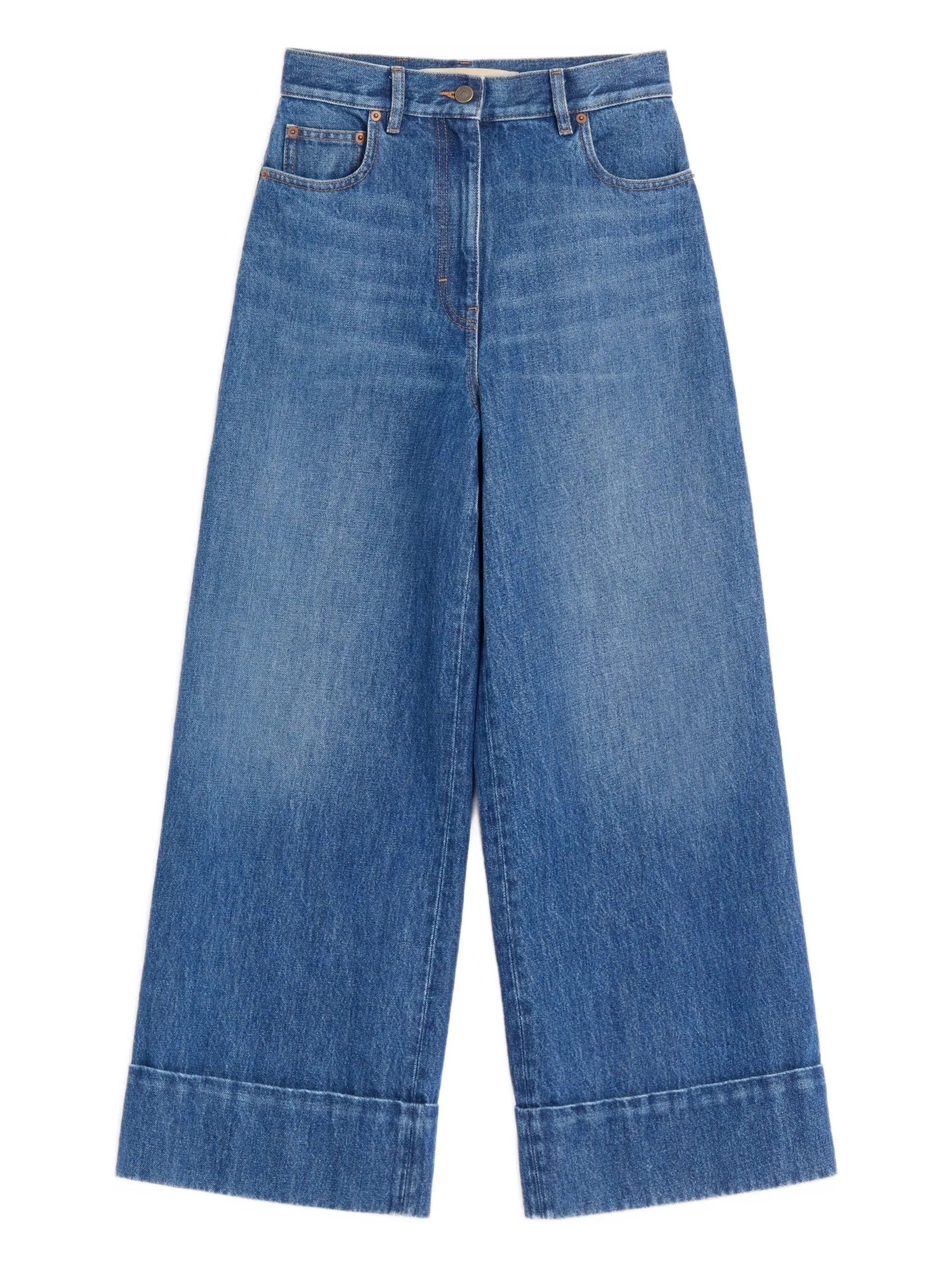 Medium Blue Wide-Leg Cuffed Denim Jeans