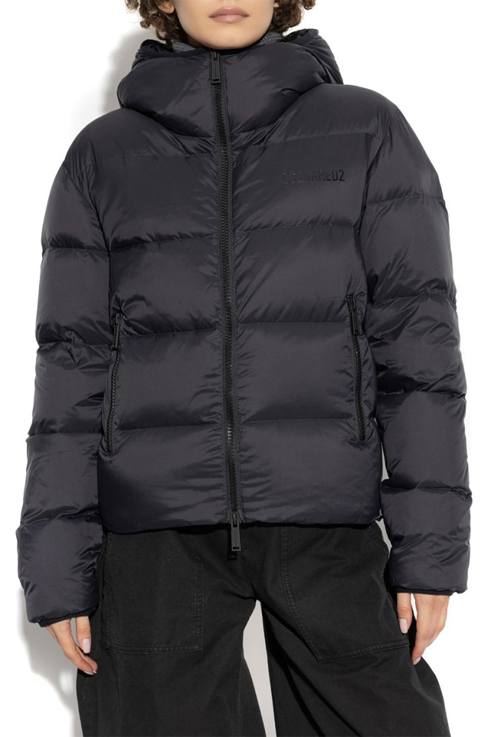 Cropped Black Jacket With Quilted Design And Hood