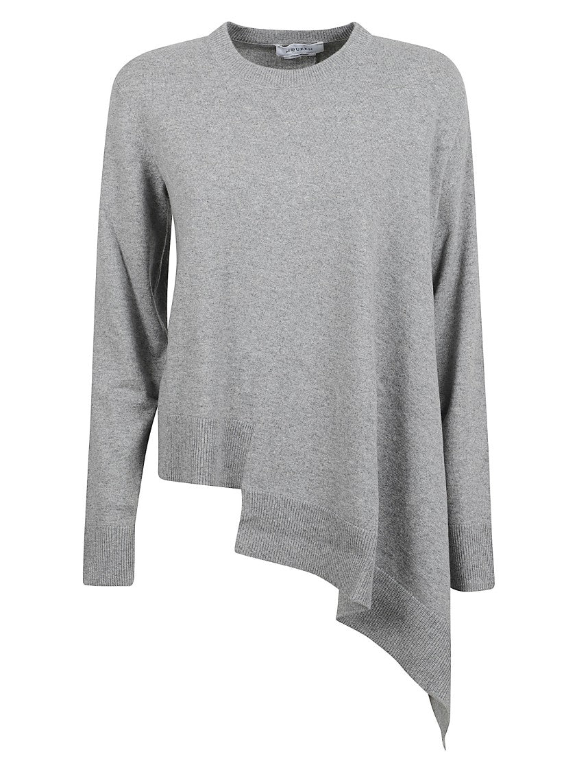 Asymmetric Hem Grey Cashmere Sweater With Ribbed Cuffs