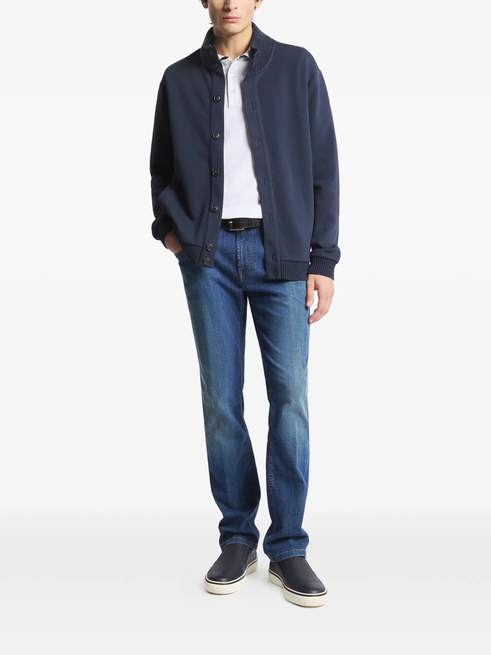 Navy Blue Bomber Ribbed Detail Jacket