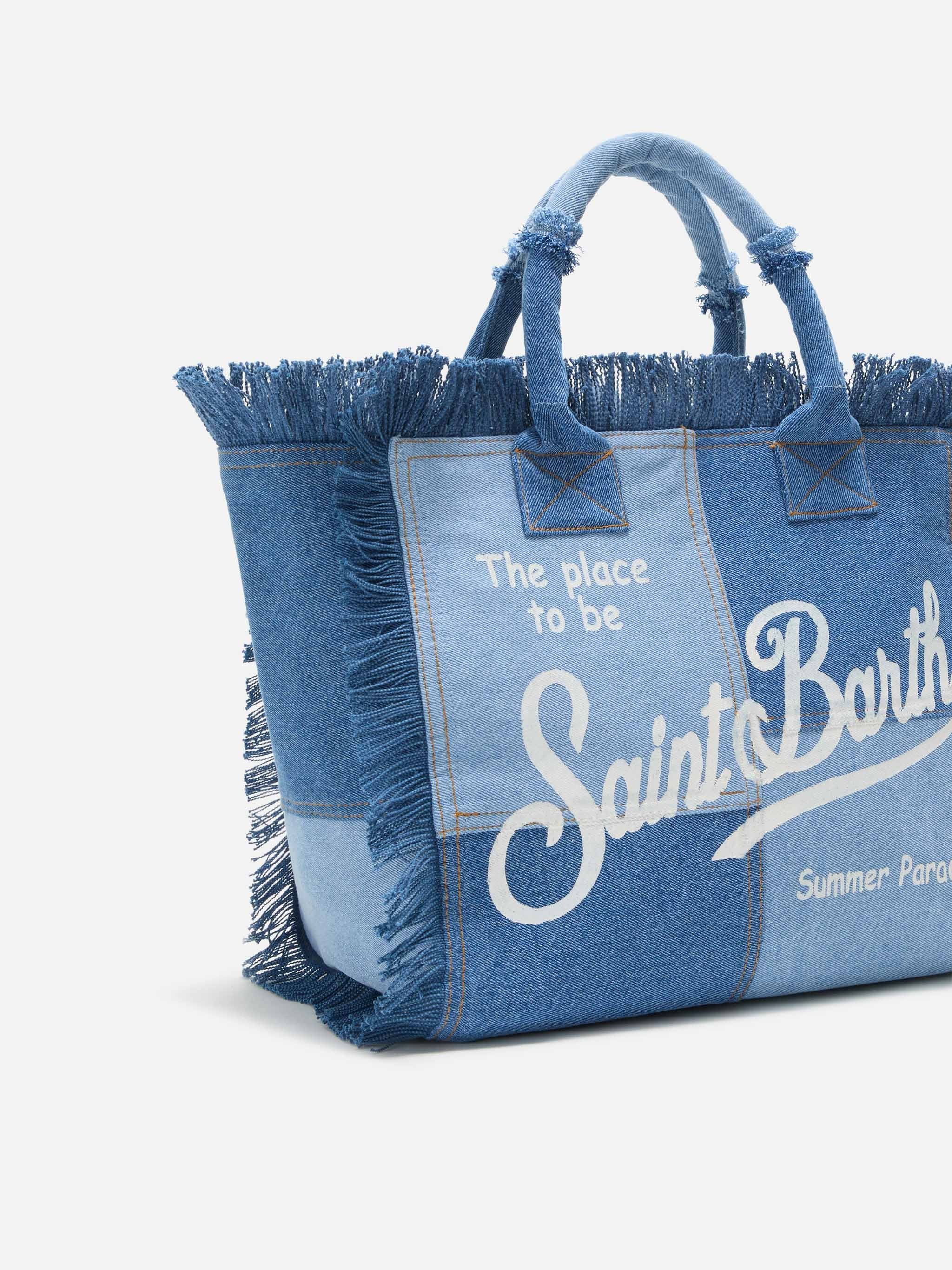 Patchwork Denim Tote Bag with Fringed Edges