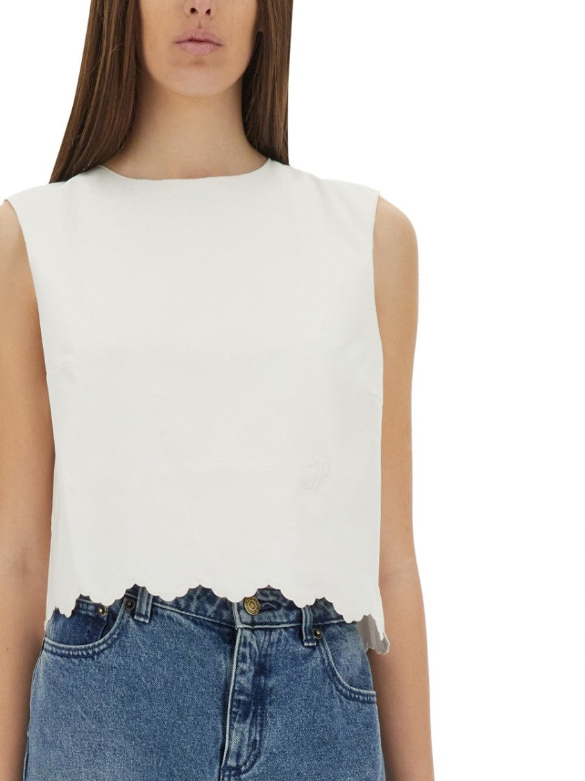 Cropped Poplin Top With Scalloped Hem