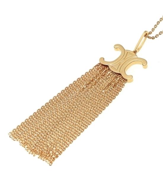 Flowing Tassel Gold Mesh Necklace with Stylized Logo