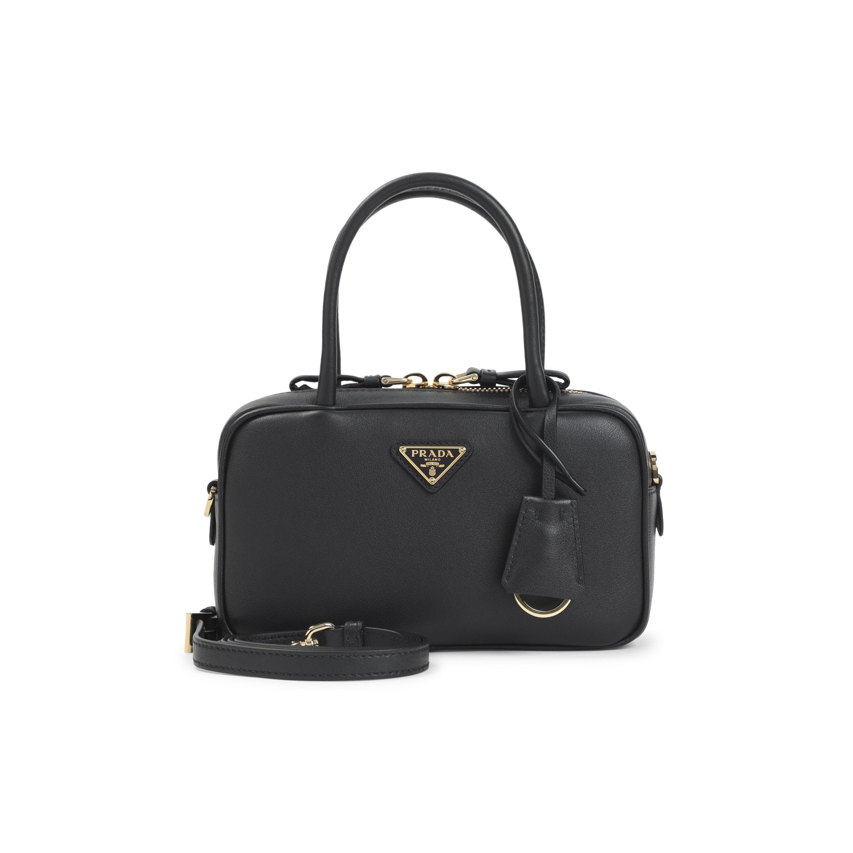 Compact Black Calf Leather Handbag with Gold Accents