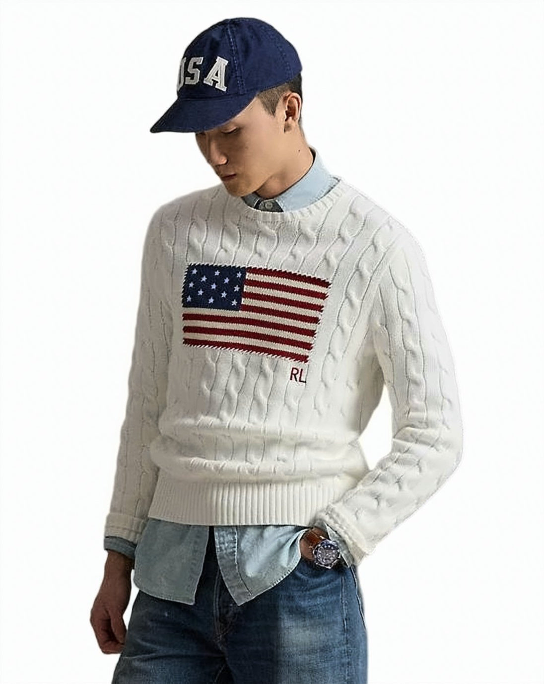 Cable-Knit Sweater with Rectangular Flag Pattern