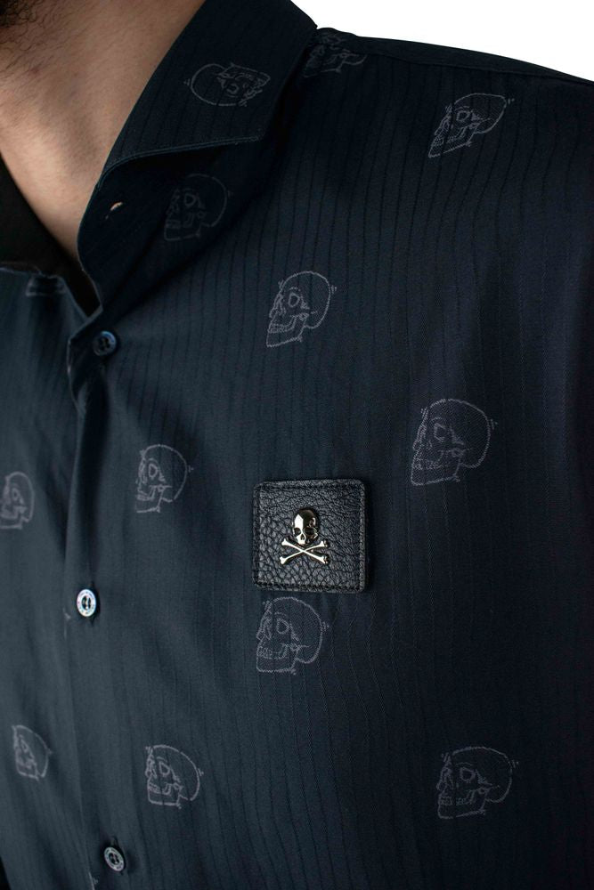 Black Striped Cotton Shirt With Skull Motif