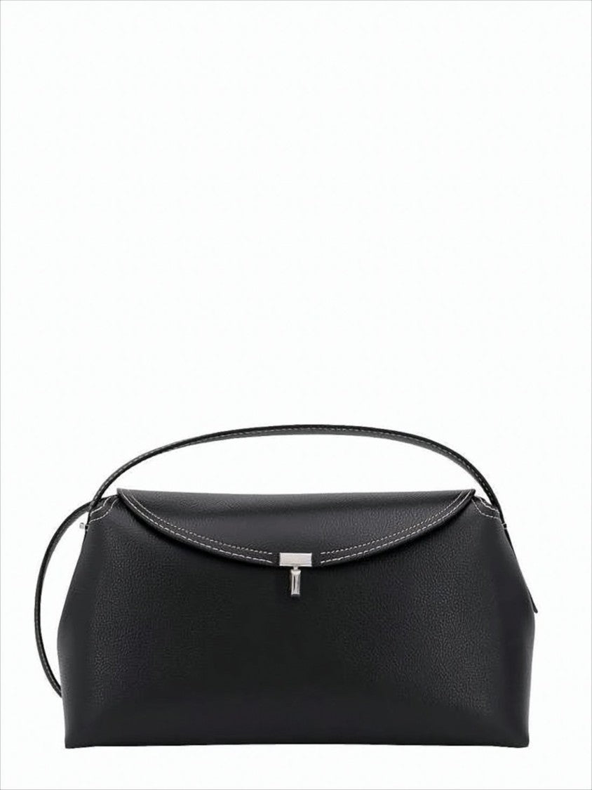Structured Black Leather Shoulder Bag With Flap Closure