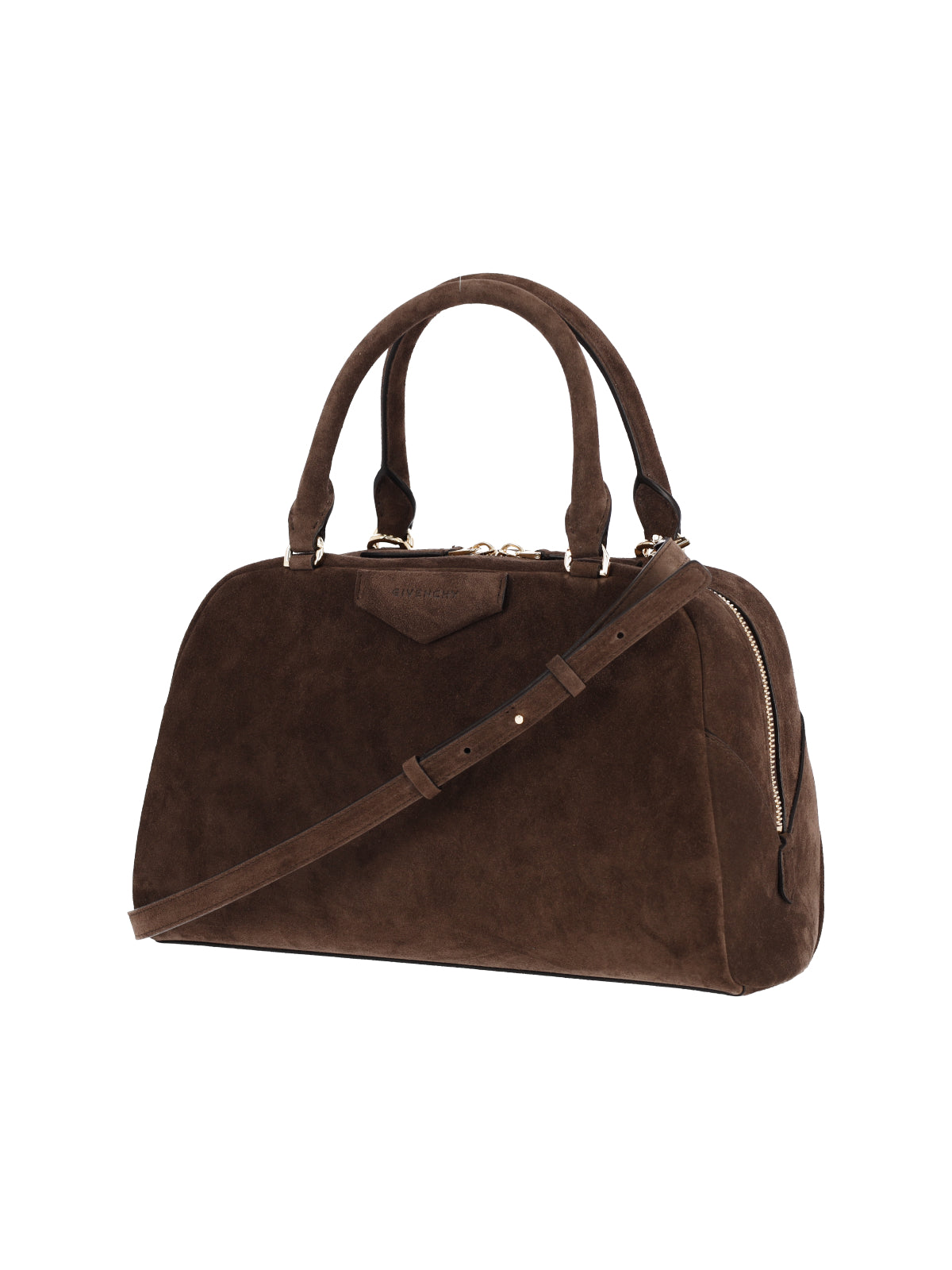Brown Structured Suede Gold Zipper Handbag